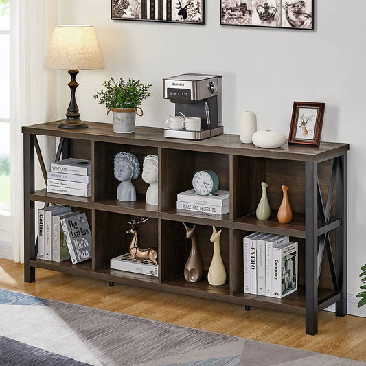 FATORRI 8 Cube Storage Organizer Bookshelf, 62 Inch Rustic Wood Horizontal Bookcase, Industrial Cube Long Book Shelf for Living Room, Home Office (Walnut Brown)