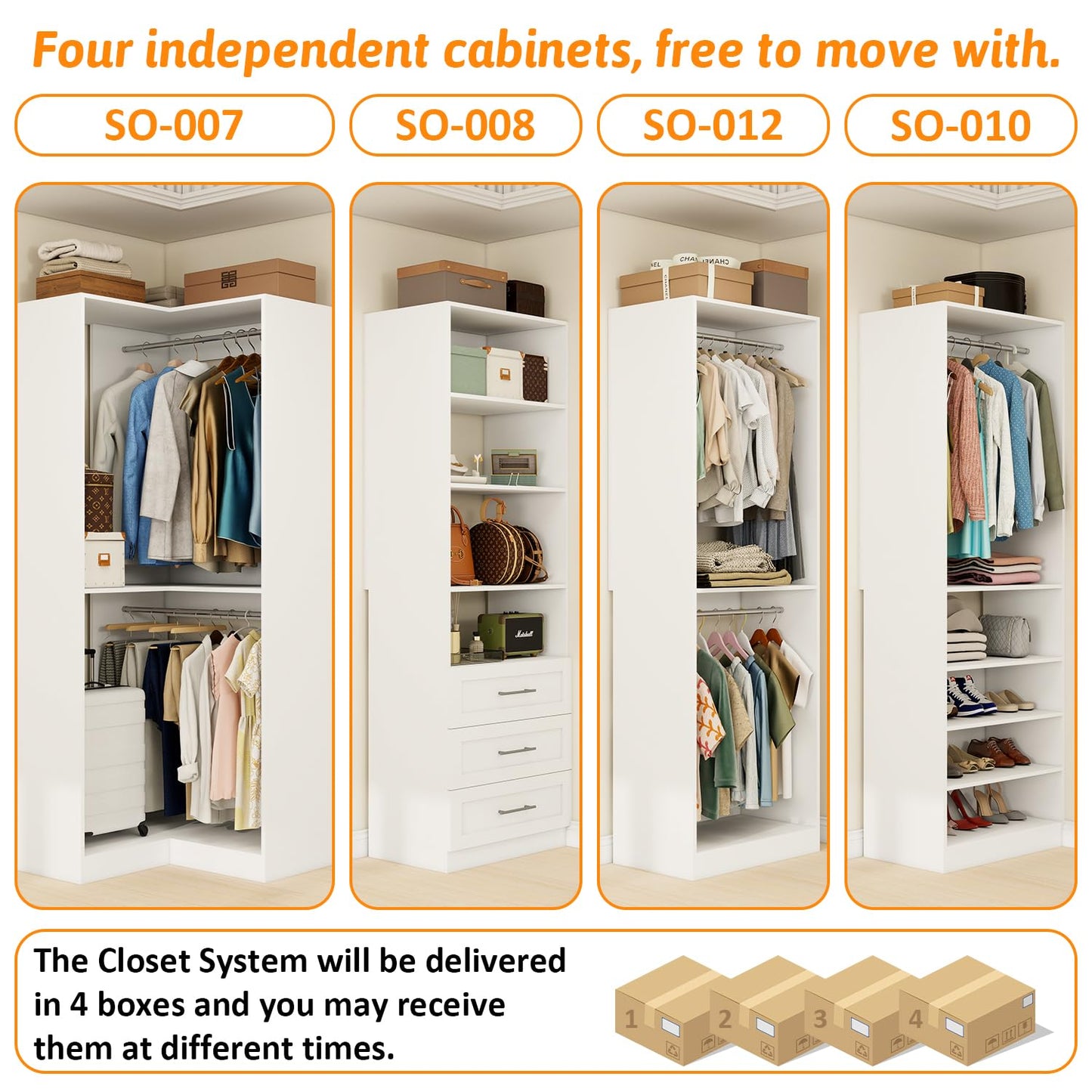 Sokiche Closet Organizer System of 4 Sets with 3 Drawers, 9 Hanging Rods & 8 Shelves, 157" Walk in Closet System, Corner Closet Organizer, Modular Standalone Closet, White