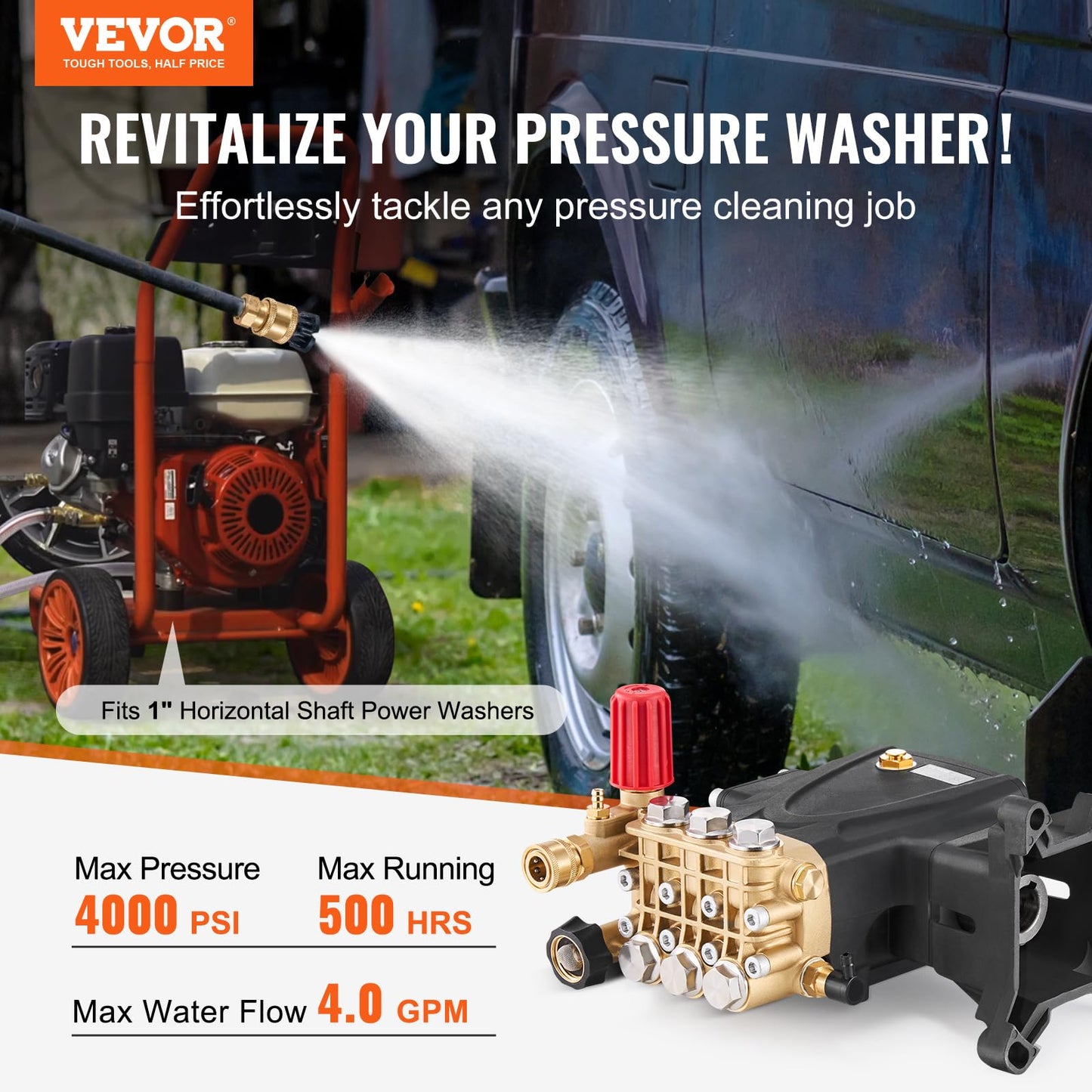 VEVOR Pressure Washer Pump, 1" Shaft Horizontal Triplex Plunger, 4000 PSI, 4.0GPM, Replacement Power Washer Pumps Kit with 5 Nozzles, Compatible with Simpson MorFlex 40224, 40225, 40226, Santoprene