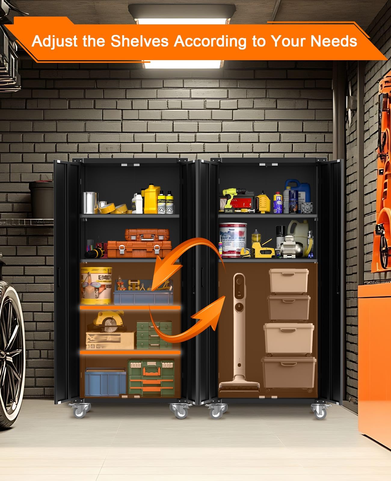 72-Inch H Black Metal Garage Storage Cabinet with Wheels & Pegboard, Locking 2-Door Rolling Storage Cabinet with 4 Adjustable Shelves for Garage, Workshop & Home Office