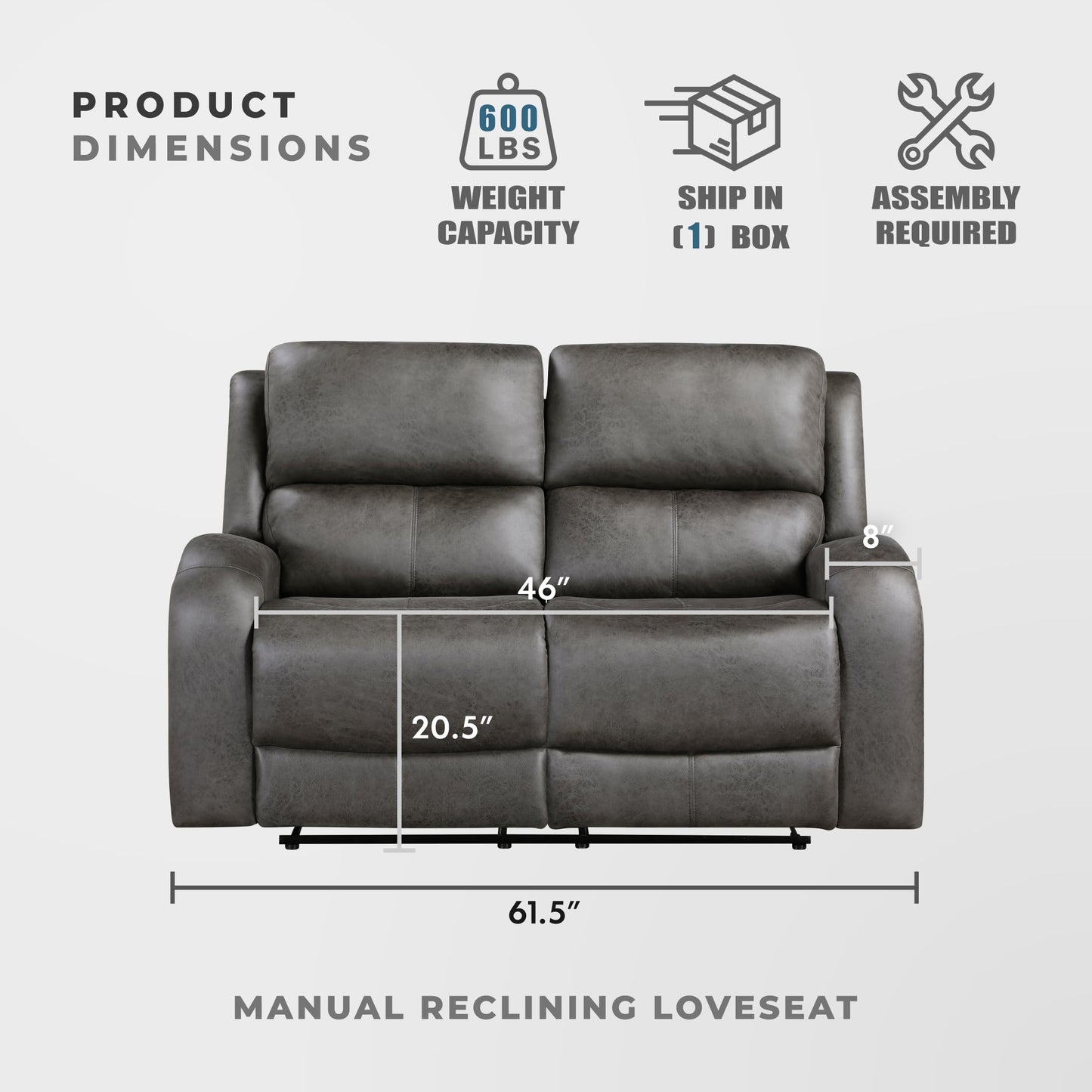 Lexicon 61.5'' Double Recliner Couch, Wall Hugger Sofa Recliners, Home Theater Seating Dual Reclining Couch, Love seat Recliner Manual Recliner Couches for Living Room/Bedroom/Office/Apartment, Grey