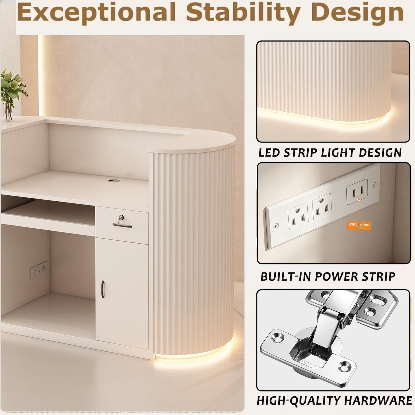 Modern Reception Desk with Counter - Curved Front Checkout Page with Led Lighting, Lockable Drawers, Hidden Cable Management and Wood Construction, Salon Reception Desk for Beauty Salons