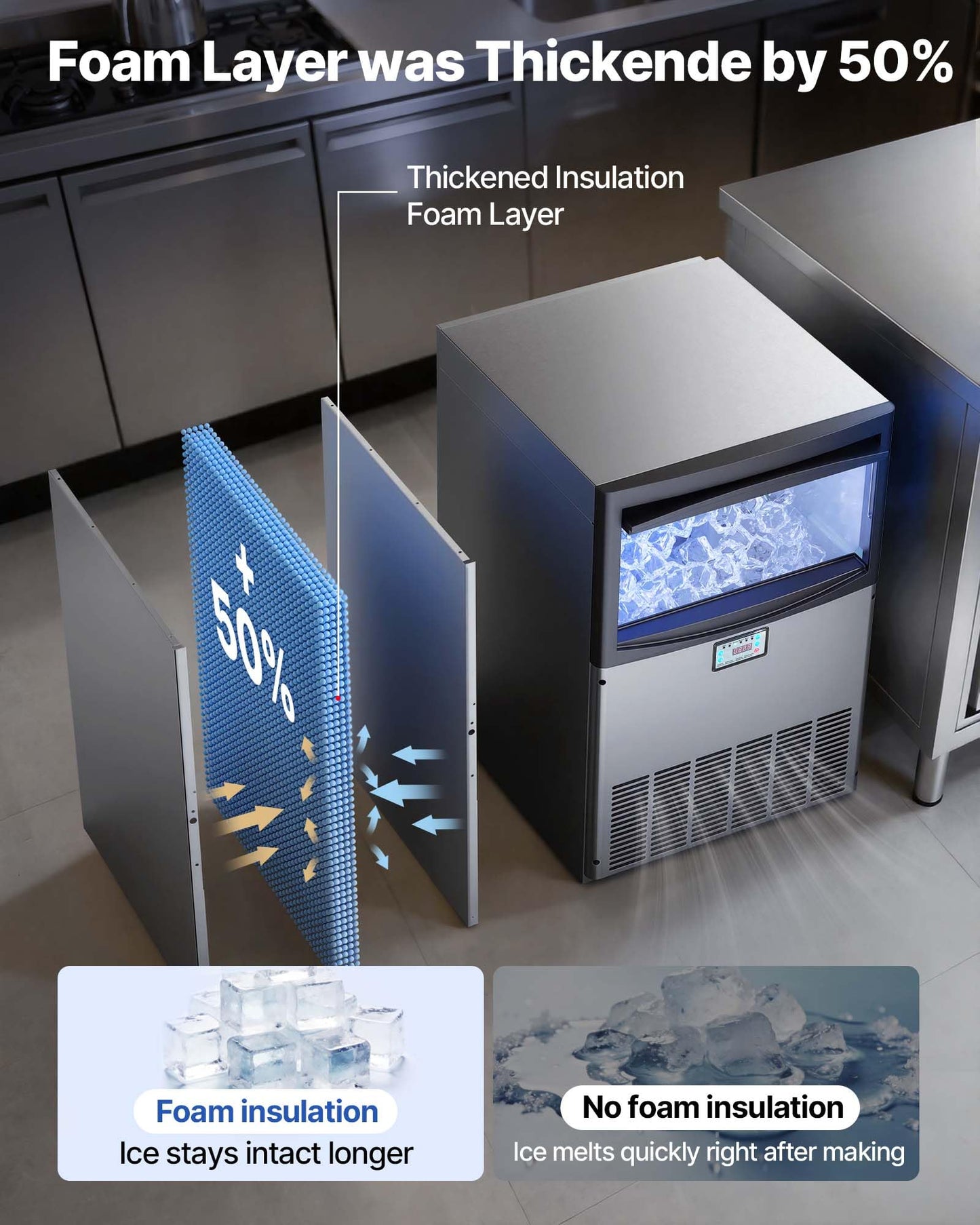 VEVOR Commercial Ice Maker Machine, 200 lbs/24h with 50 lbs Storage Capacity, Built-in/Freestanding/Under Counter, Stainless Steel Ice Maker with LED Display & Self-Cleaning, for Home Bar Restaurant