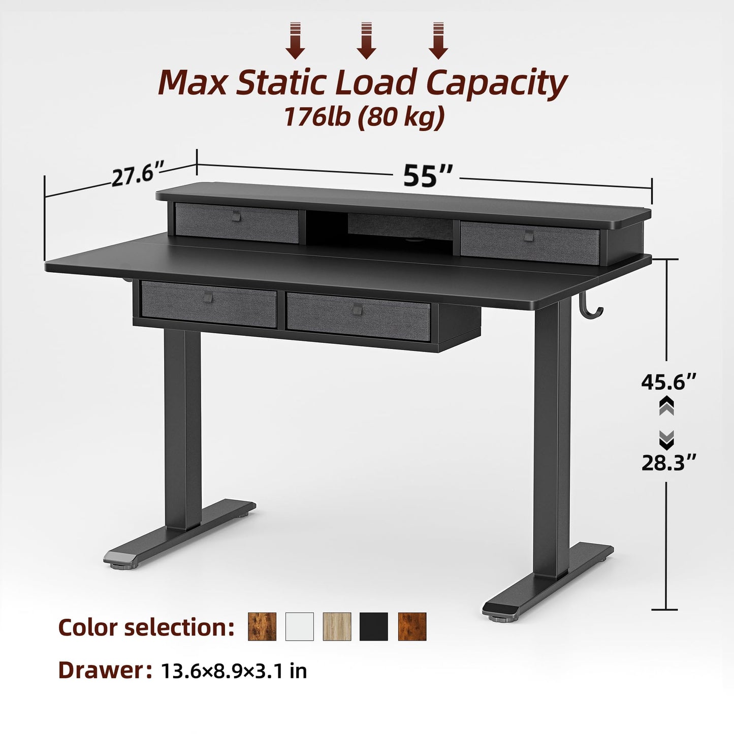 TIQLAB 55 * 28 Inch Standing Desk with Four Drawers, Electric Sit Stand Table, Stand Up Desk Adjustable Height with Storage Shelf, Splice Board, Black