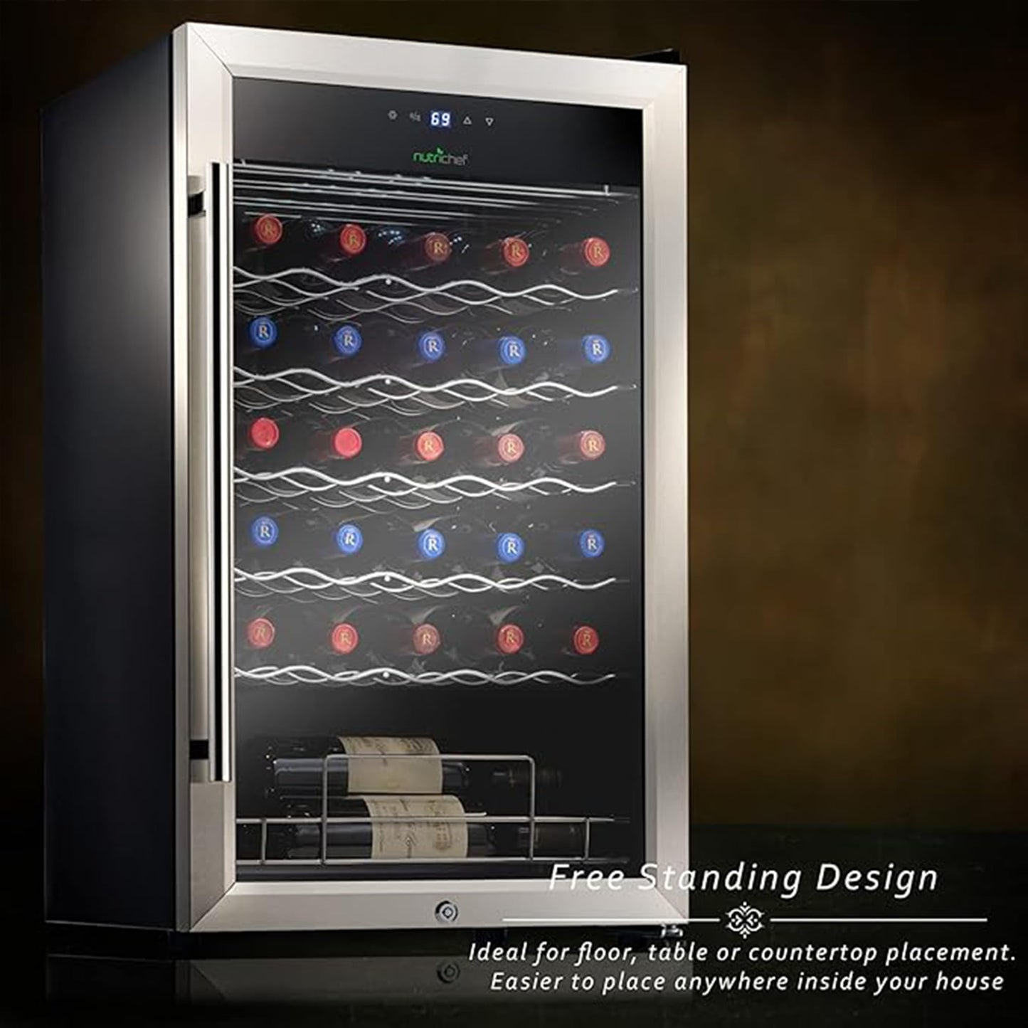 Nutrichef 34 Bottle Wine Fridge - Single Zone Beverage Refrigerator with Adjustable Temperature 41°F - 64°F, Ultra Quiet Operation Wine Cooler for Home, Office & Kitchen, Stainless Steel