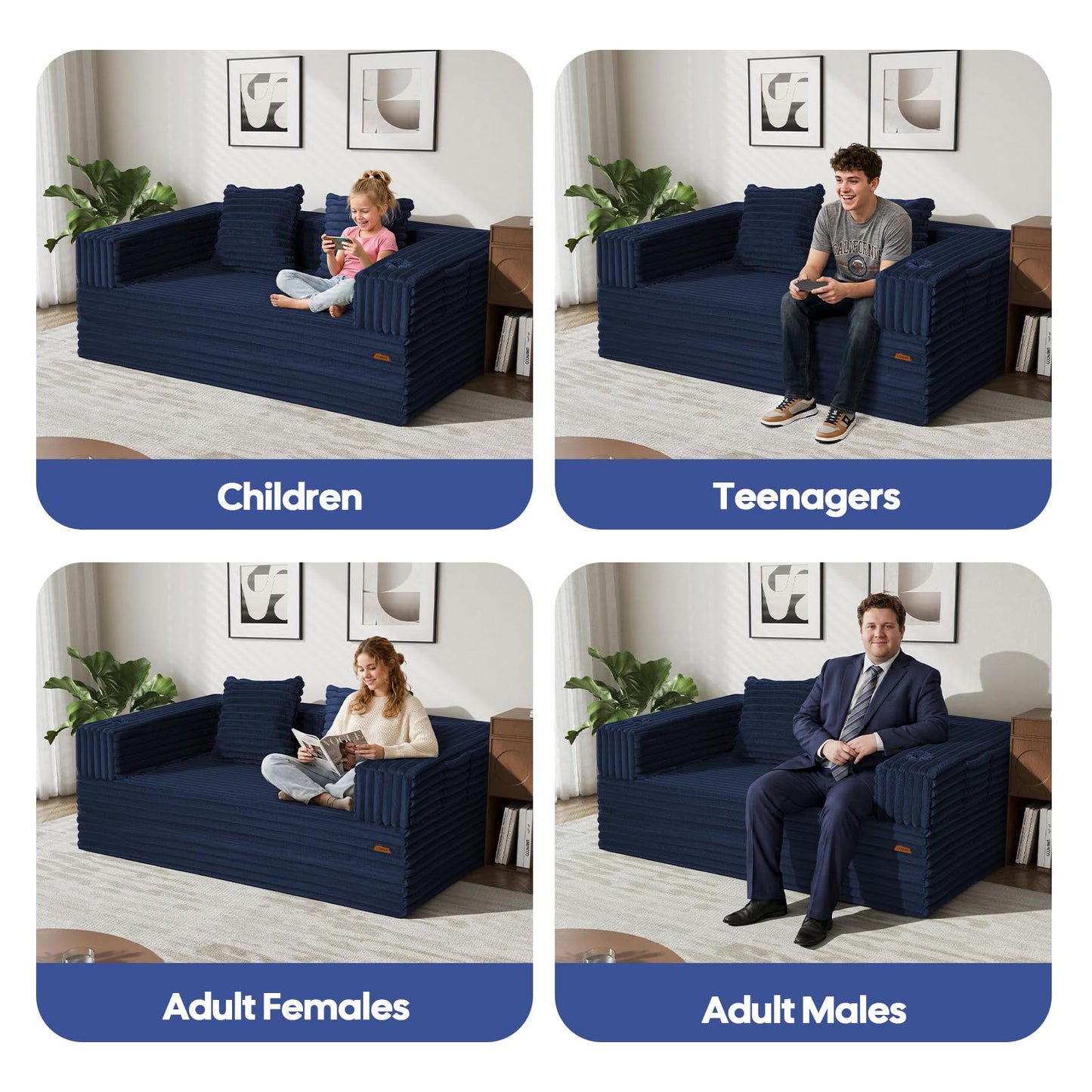 COMAX Futon Sofa Bed, 4‑in‑1 Convertible Sofa Bed, Boneless Couches for Living Room, Fold Out Small Foldable Loveseat Space‑Saving, Classic Navy