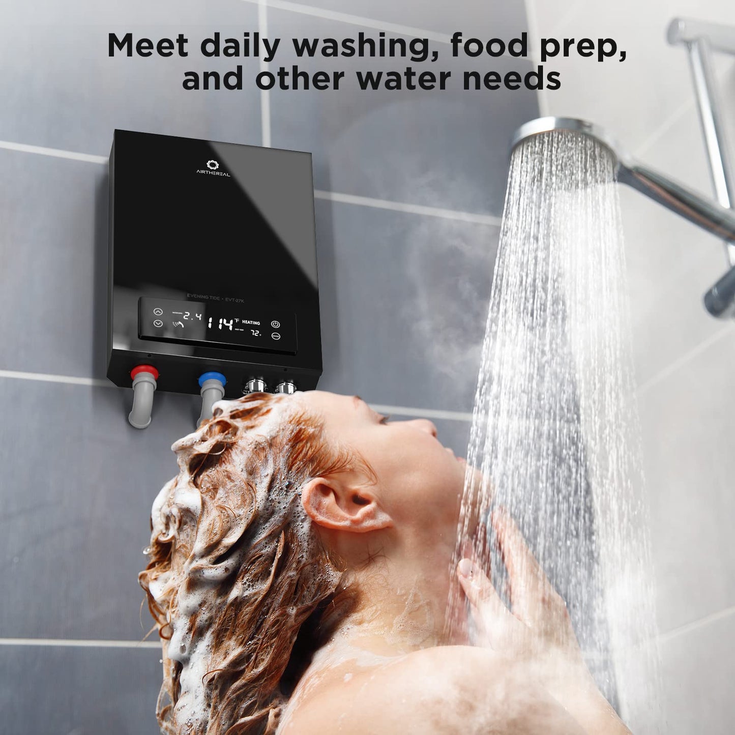 AIRTHEREAL Electric TANKLESS Water Heater 27KW, Endless ON-Demand HOT Water - SELF MODULATES to Save Energy USE - for 3 Showers EVT-27K