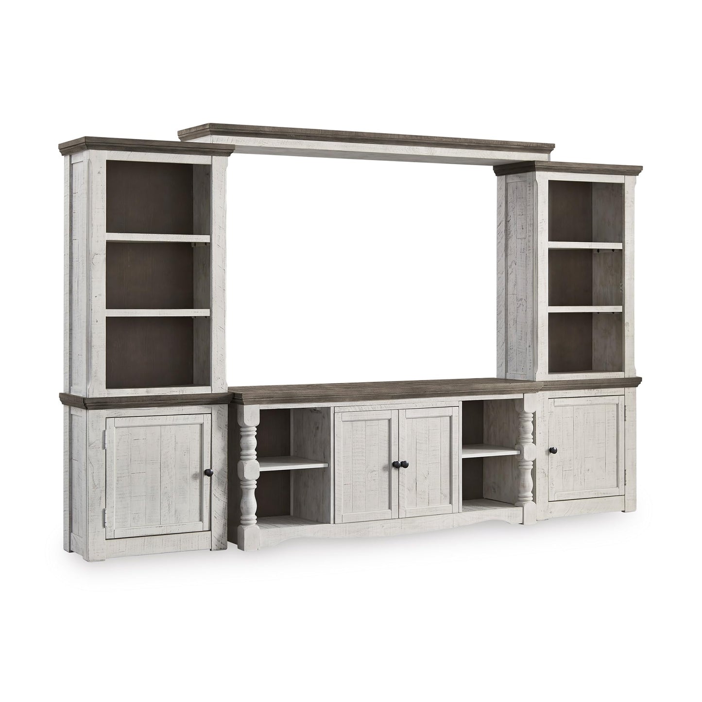 Signature Design by Ashley Havalance 4-Piece Entertainment Center, Wall Unit TV Stand with Shelves, Pine Wood, Pine Veneer and Engineered Wood Construction for Living Rooms, White & Gray