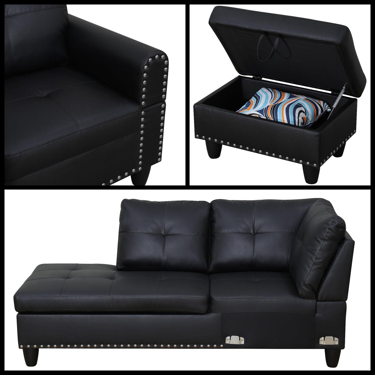 Trygoal L-Shaped Sectional Sofa with Movable Chaise & Storage Ottoman, Leather 3-Piece Modular Convertible Couches for Living Room, Apartment & Office, Black