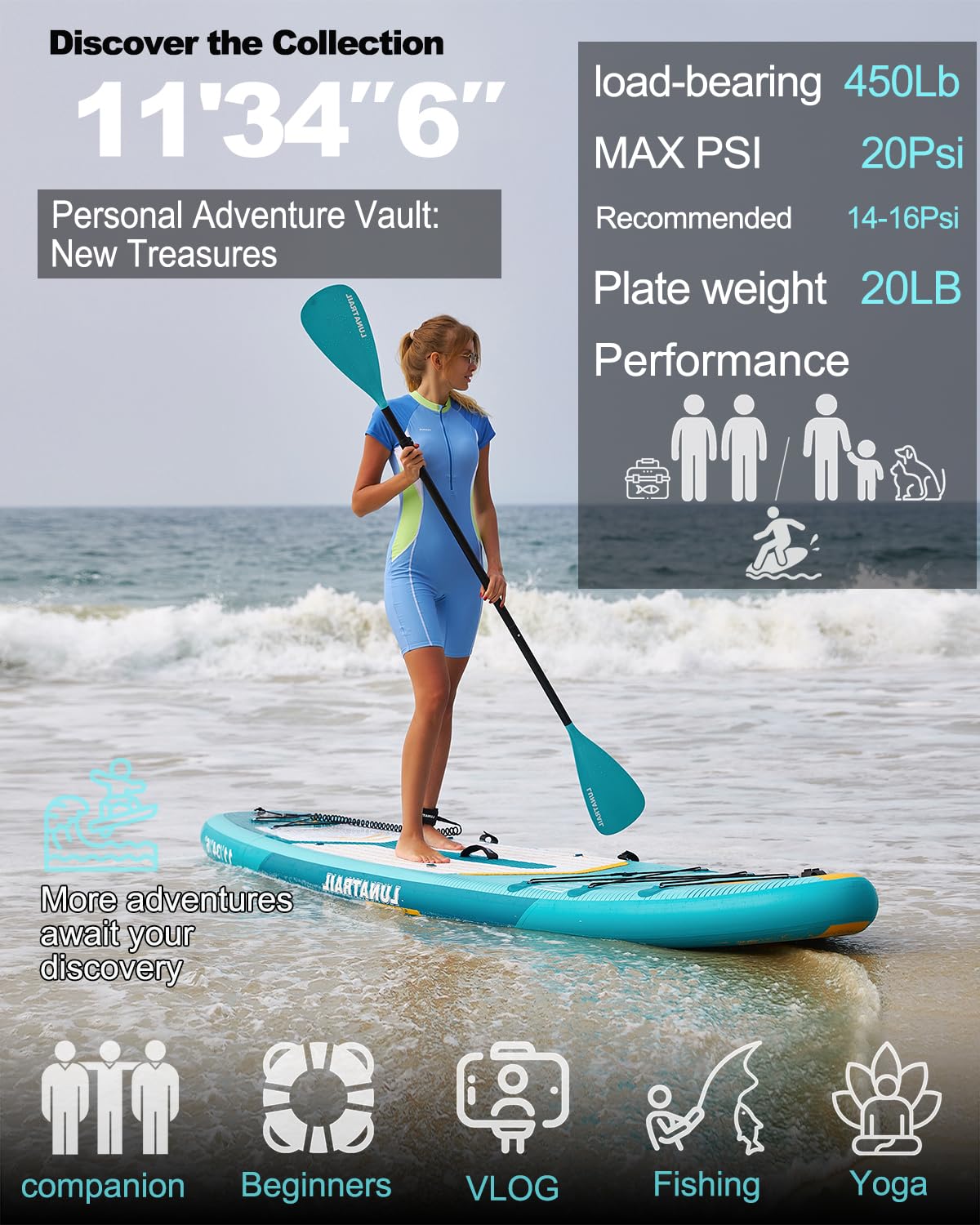 【11'×34"】 Extra Long/Extra Wide Premium Inflatable Stand Up Paddle Board (SUP) – Portable & Lightweight for Yoga, Surfing, Family Fun | Complete Kit with Paddle, Pump, Bag | Durable Design