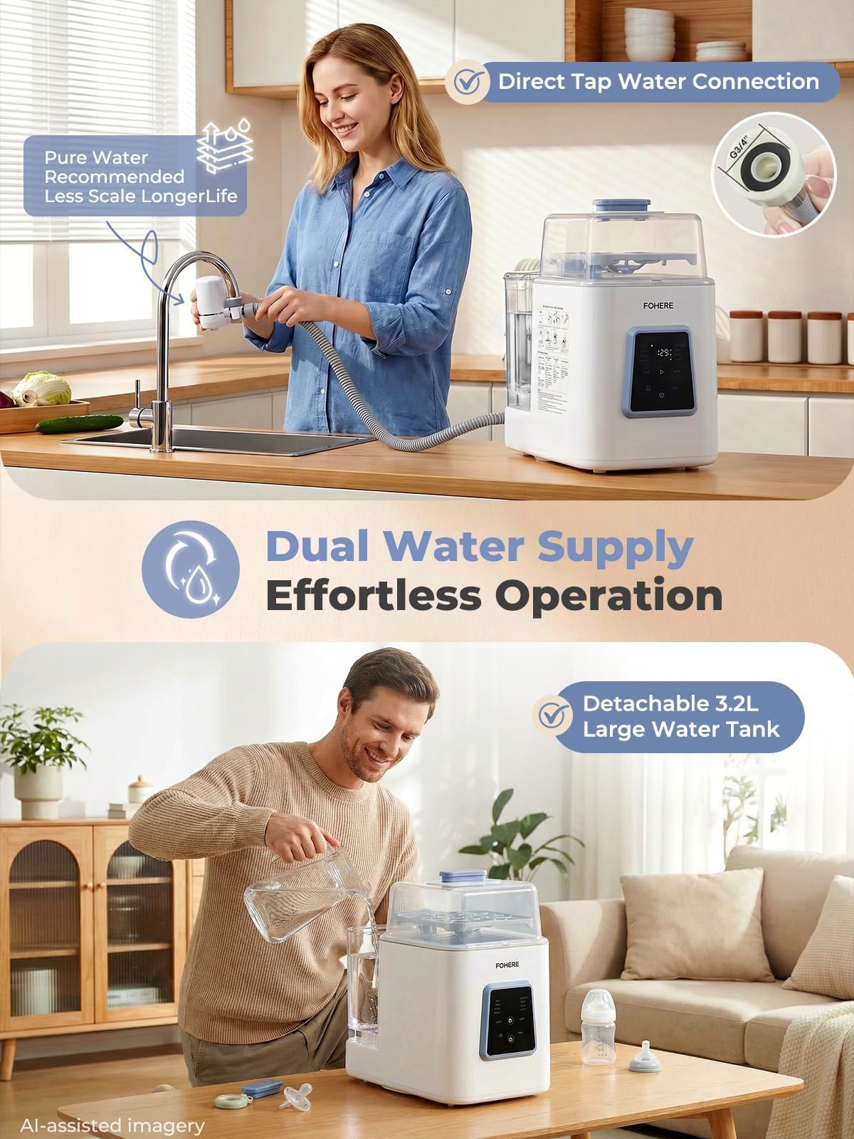 FOHERE All-in-One Baby Bottle Washer and Dryer, Automatic Bottle Cleaner Machine for Breast Pump Parts, Nipples, Newborn Essentials, High-Temp Steam & Deep Clean, 60 Detergent Tablets Included