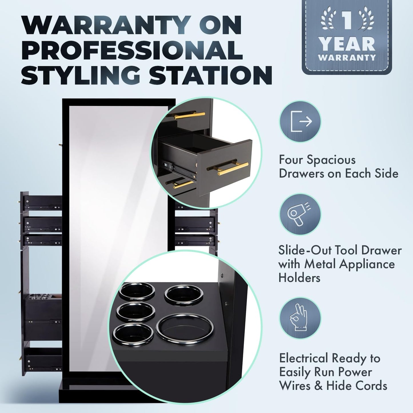 Buy-Rite Modena Double-Sided Styling Station for Professional Salons & Barbershops, Gloss Black, 2 Full-Length Mirrors, Storage Cabinets, Drawers, Slide-Out Tool Drawer, NIN-MD-01