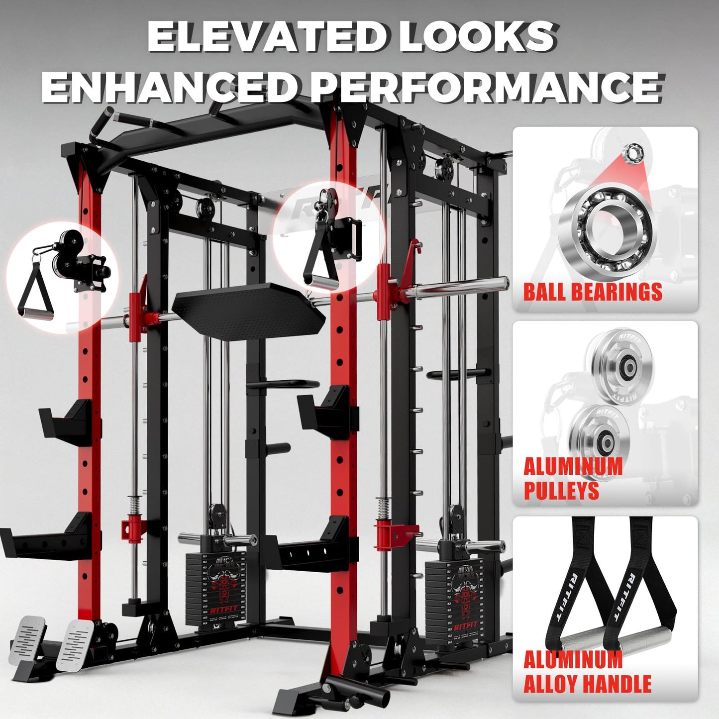 RitFit Buffalo Smith Machine Package, All-in-One Power Cage with Weight Stack , Power Rack with Cable Crossover & Leg Press Attachment for Home Gym(RED,BP260)