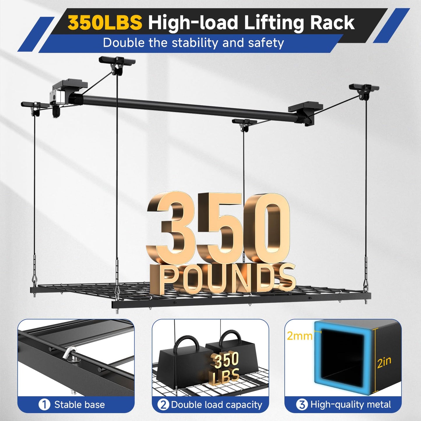GADFISH Garage Ceiling Lift Storage Rack, Easy Lifting 85" Height 4x4 Ft Overhead Garage Storage Rack for Space Saving with Safety Lock, Suitable for 16"/24" Ceiling, 350LBS Capacity