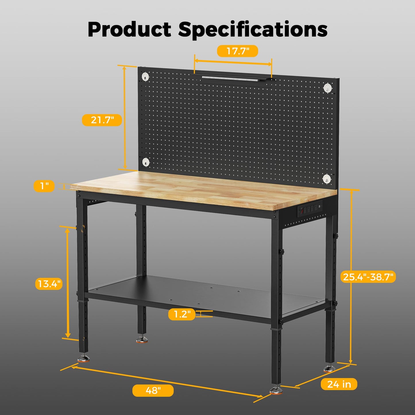 CAMMOO 48" Heavy Duty Work Bench Adjustable Height Max Load 2000 LBS with Storage Shelf for Garage Workbench, Rubberwood Tabletop with Pegboard, LED Light, Built-in Power Strip for Woodworking Shop