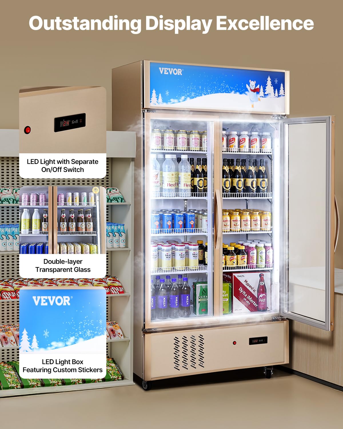VEVOR Commercial Merchandiser Refrigerator 2 Glass Doors, 23 Cubic Ft, Upright Display Beverage Cooler 79" Tall x 39.4" Width, Fridge with LED Lighting for Drink Wine Soda, Gold