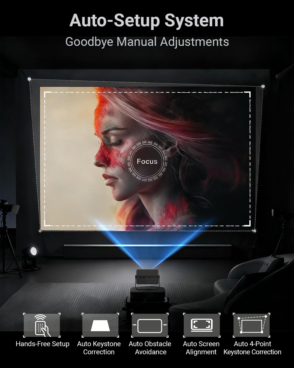Smart Projector with WiFi and Bluetooth, Built-in Streaming Apps, Native 1080P, 4K Support, Auto Focus & Keystone, 210° Rotation, Movie Projector for Outdoor Bedroom Home Office