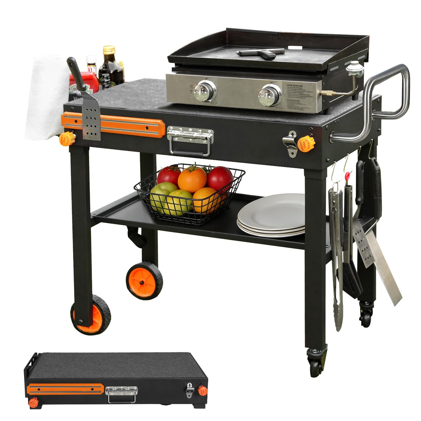 Folding Grill Table for Blackstone 17" & 22" Griddle, Portable Grill Cart with Wheels, 20-Second Tool-Free Setup, 450 lb Heavy Duty Outdoor Cooking Prep Station for Ninja Woodfire Grill & Pizza Oven