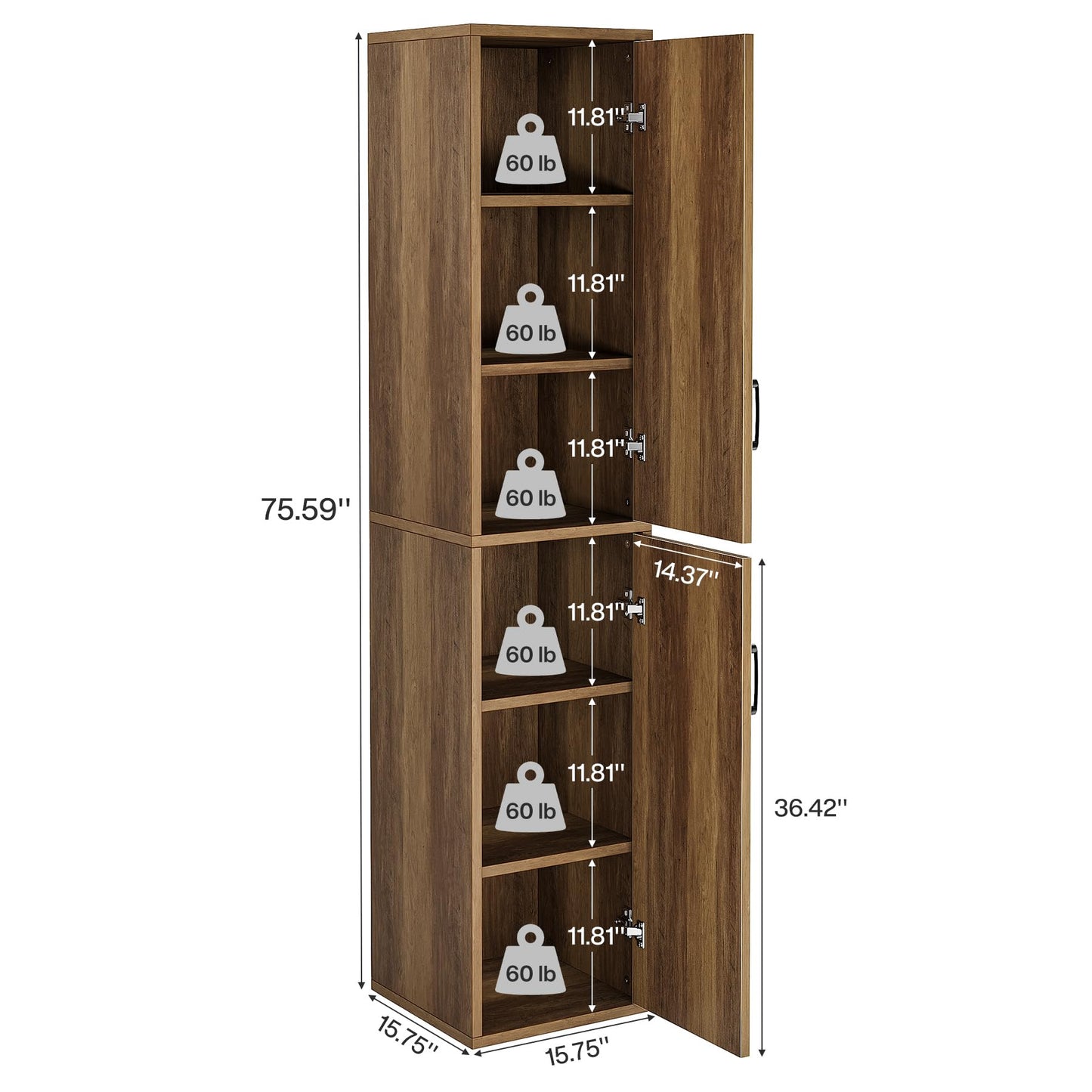 Tribesigns 75" Tall Narrow Storage Cabinet, 15 Inch Wide Wood Kitchen Pantry Cabinet with Doors and 6 Shelves, Free Standing Utility Cabinet for Bathroom, Small Space, Laudry, Brown