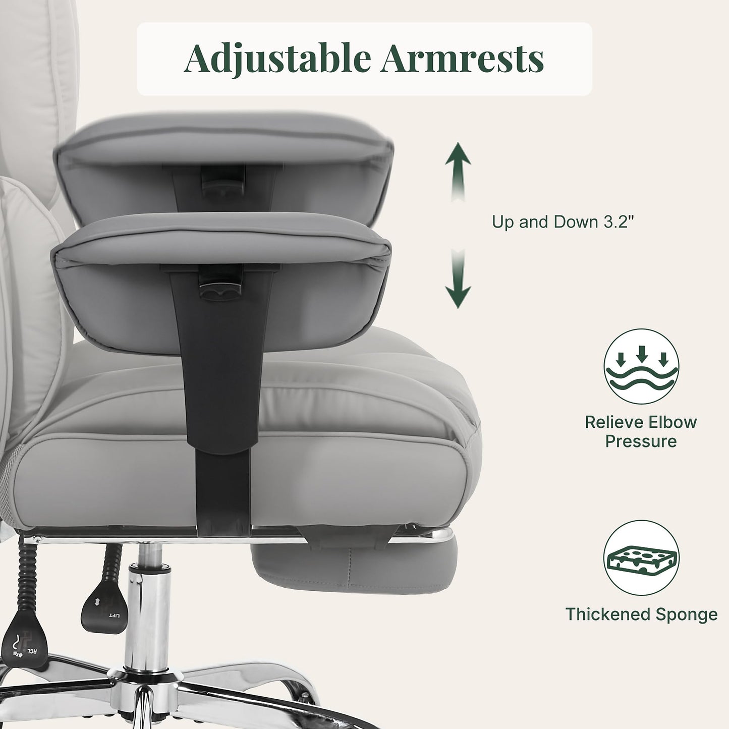HAPPYMONT Big and Tall Ergonomic Office Chair,350 lbs,High Back Reclining PU Leather Gaming Chair with Footrest, Adjustable Armrests, Lumbar Support, Executive Desk Chair for Home Office, Grey
