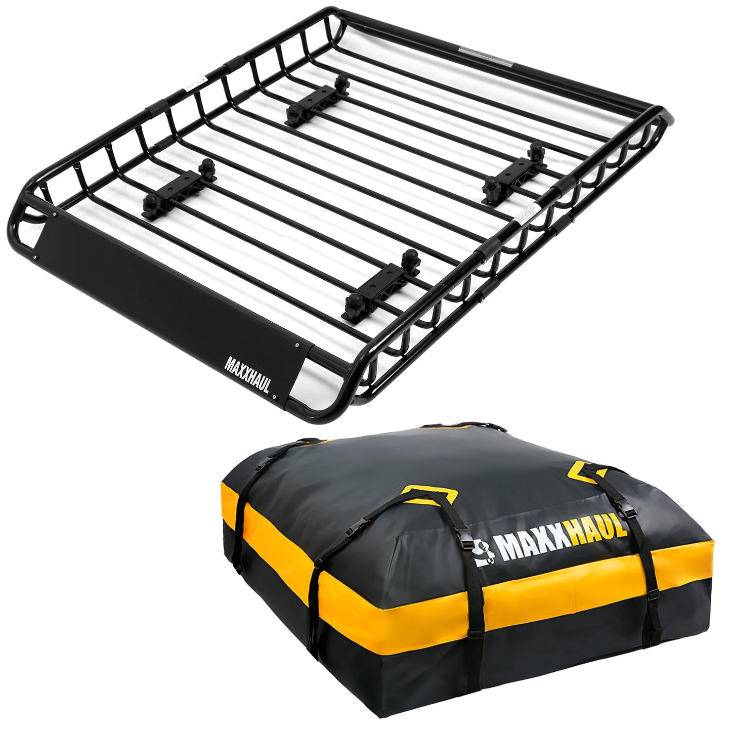 MaxxHaul 51084 46" x 36" x 4.5" Roof Rack Cargo Carrier Steel Basket, Car Top Luggage Holder for SUV and Pick Up Trucks - 150 lb. Capacity, with 15 Cu.Ft. Water Resistant Roof Bag 44" x 34" x 17"