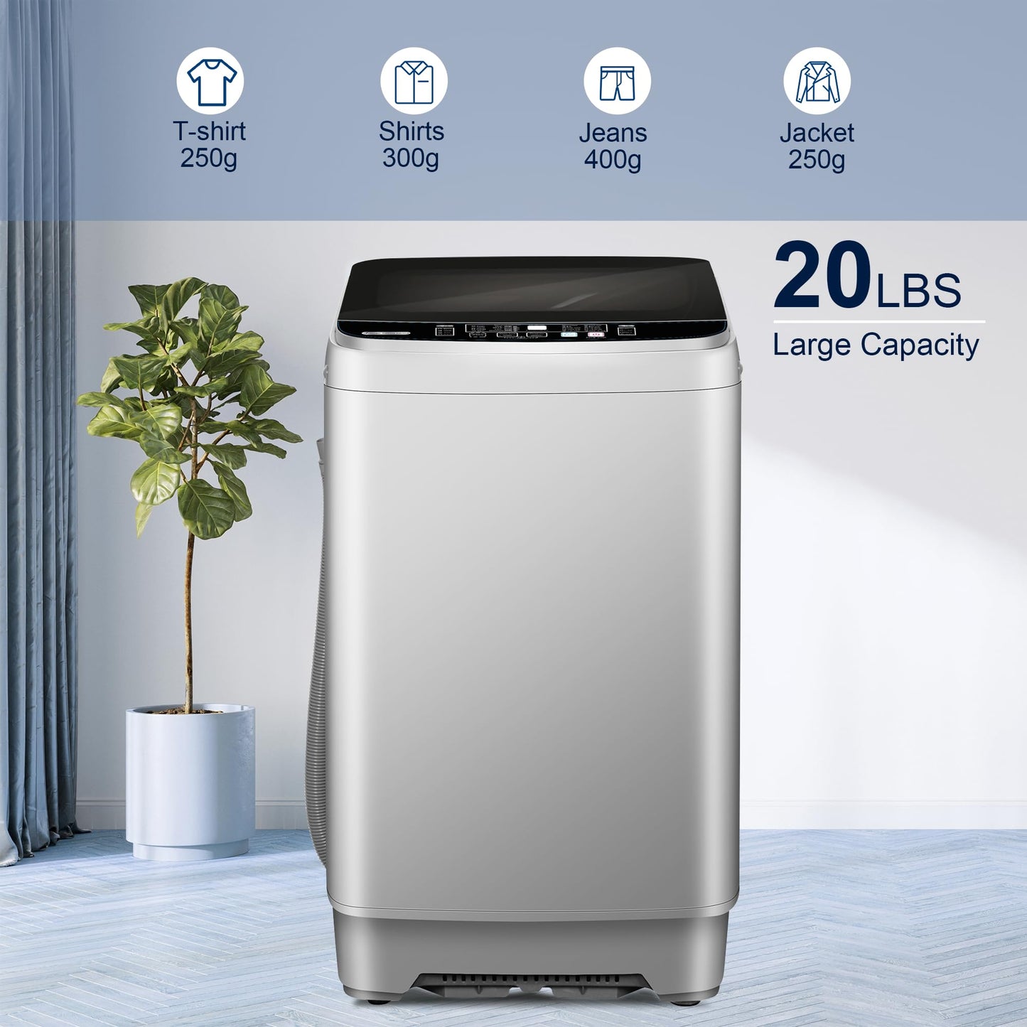 20lbs Portable Washing Machine, Fully Automatic Laundry Washer with LED Display, 10 Programs & 8 Water Levels, Top Load Clothes Washer for Apartment, Dorm, Grey