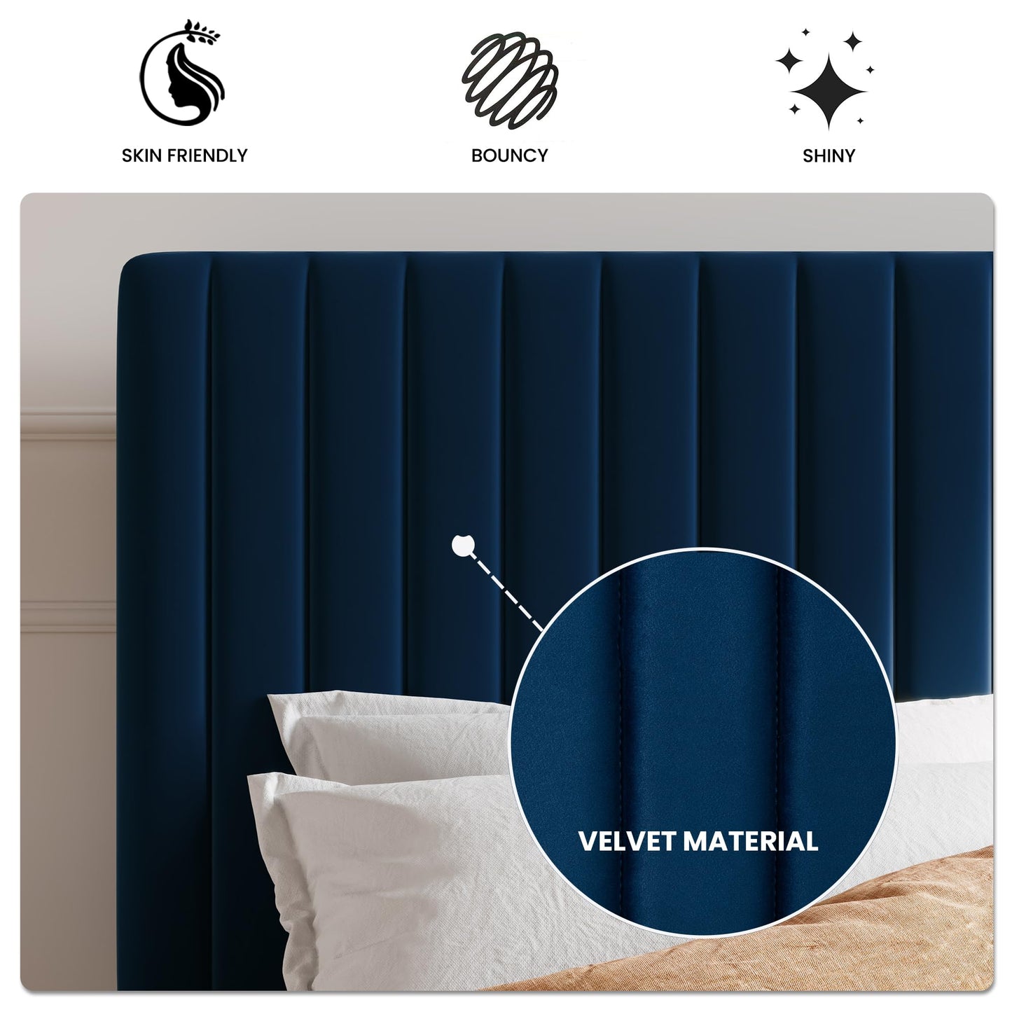 SHA CERLIN King Upholstered Platform Bed Frame with Vertical Channel Tufted Velvet Fabric Adjustable Headboard, Wooden Slats Support, Mattress Foundation, Box Spring Optional, Blue