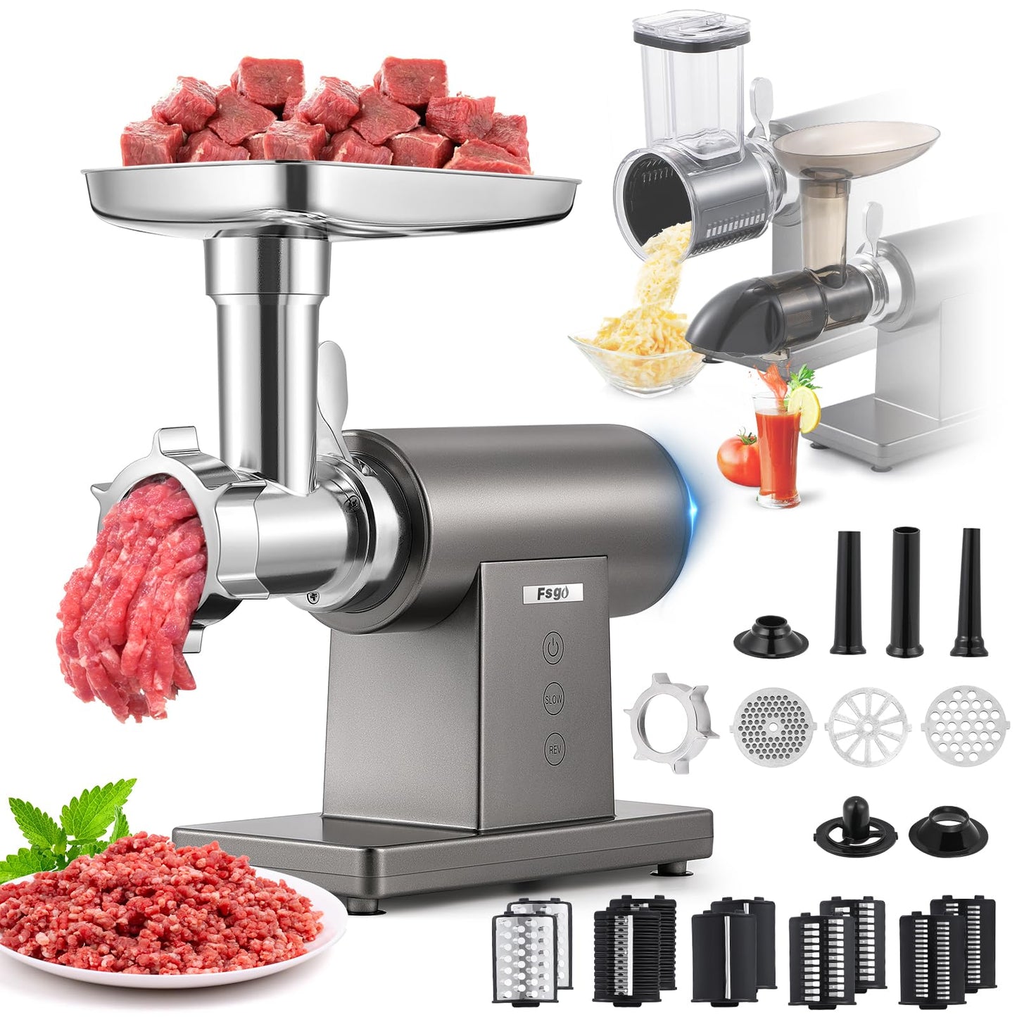 Flyseago Electric Meat Grinder 3200W Multifunctional Meat Grinders Chopper Machine with Cutting Blade 3 Grinding Plates 3 Sausage Stuffers Kubbe Kit Juicer Cheese Grater Veggie Shredder Slicer