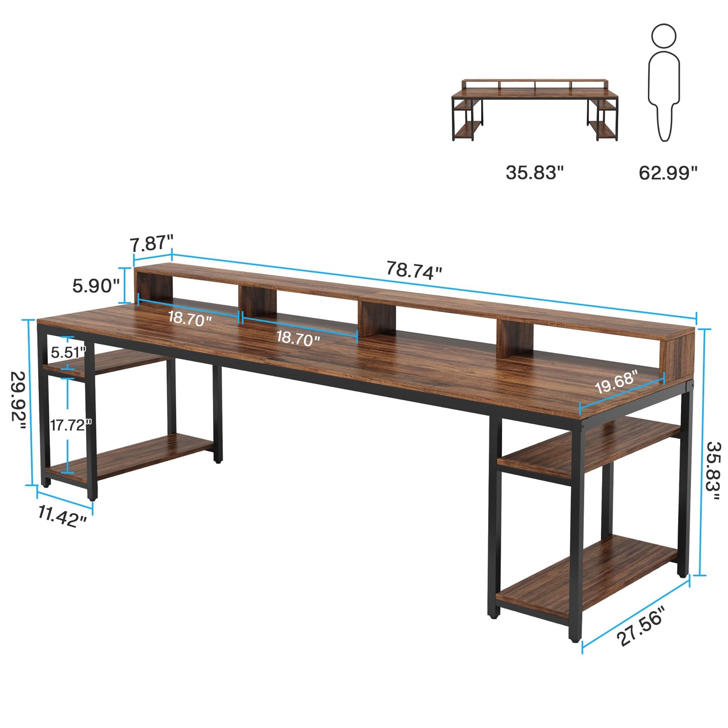 Tribesigns Two Person Desk with Monitor Stand, 78.74" Long Double Computer Office Desk with Storage Shelves, Large Gaming Study Writing Table Workstation for Home Office (Rustic Brown)