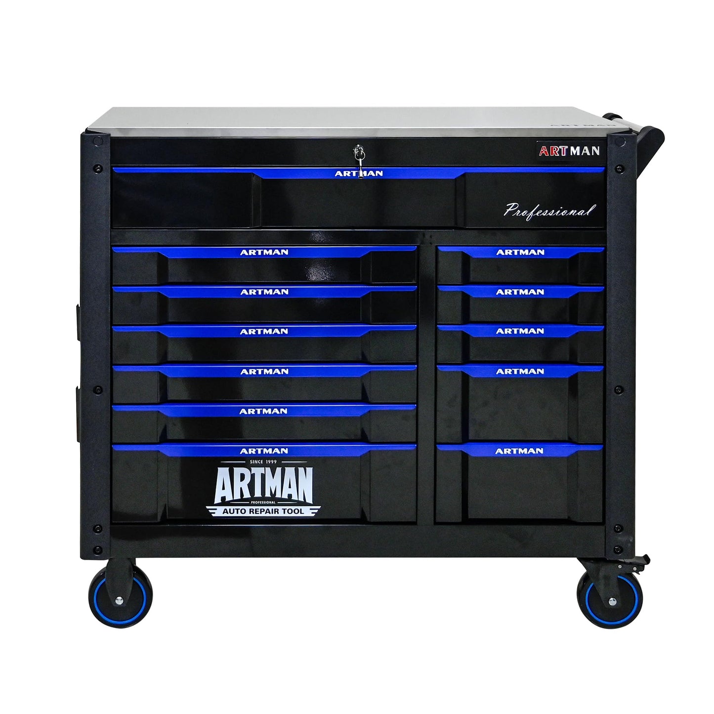 KEIKI 12 Drawer Rolling Tool Cart with Wooden Top, Metal Tool Cabinet with Wheels and Handle, Heavy Duty Storage Organizer for Garage Workshop (Black&Blue)