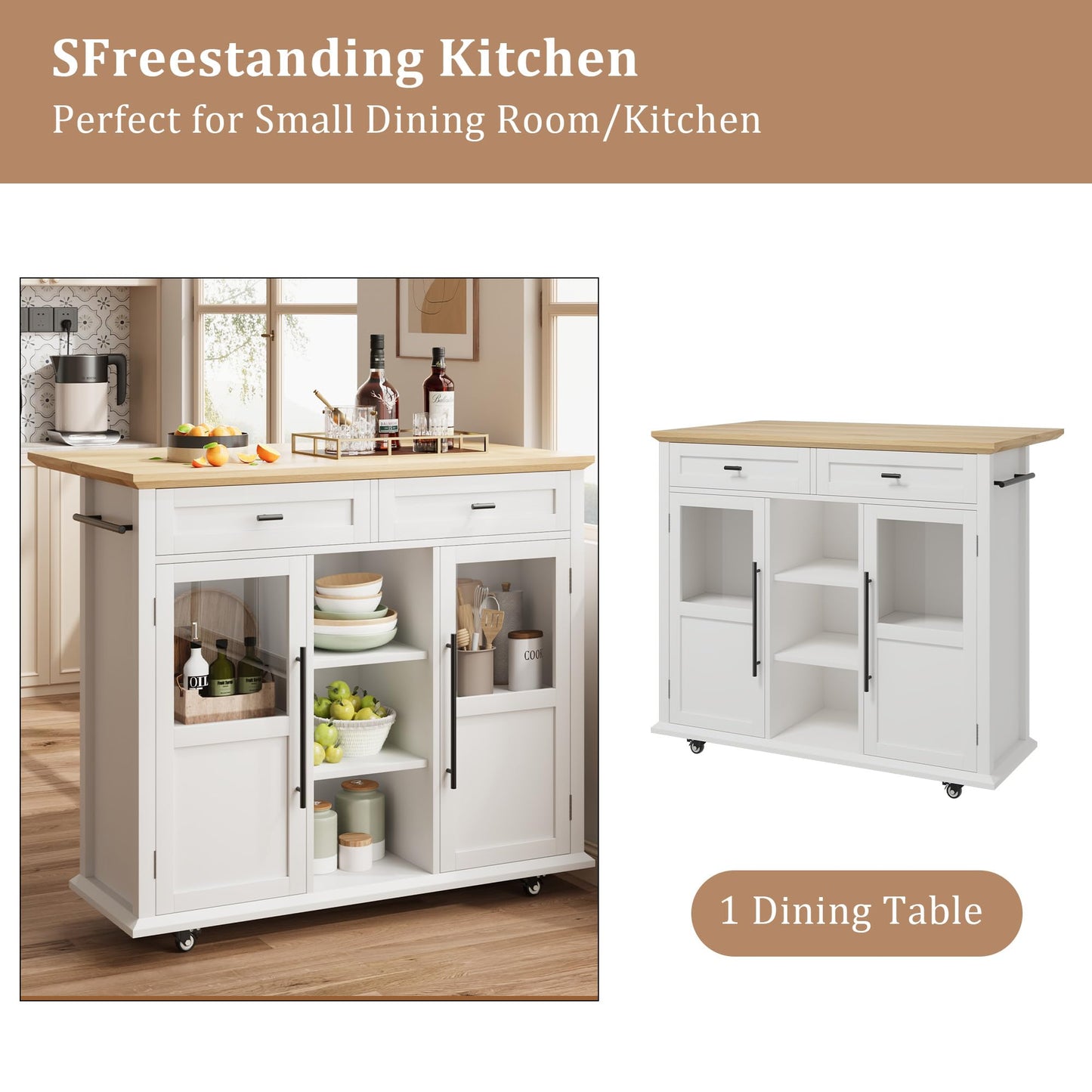GarveeHome 41 in Rustic Kitchen Island on Wheels - Wood Drop-Leaf Table with 3-Tier Storage, Mobile Coffee Bar Cart for Small Spaces (White & Natural)