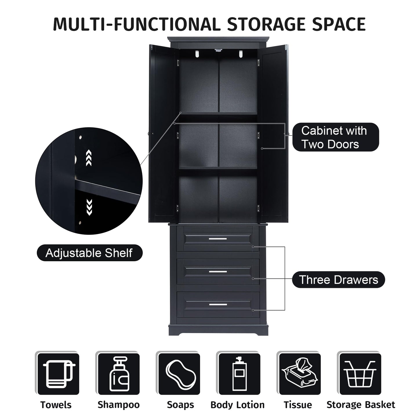 70" Tall Storage Cabinet Kitchen Pantry Cupboard with Two Doors and Three Drawers, Freestanding Shelf Organizers Unit for Home, Bathroom and Living Room, White