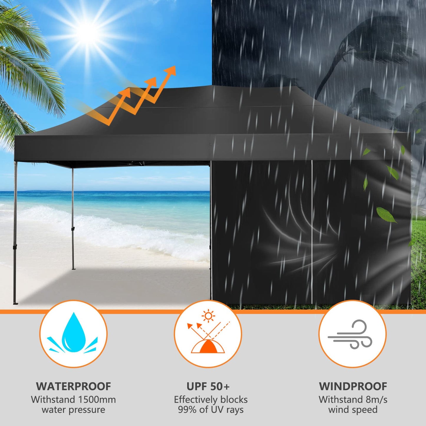 COBIZI 10x20 Pop up Canopy Tent Heavy Duty with 6 Sidewalls, Easy Set-up Commercial Outdoor Party Tents, 100% Waterproof Wedding Gazebo, 3 Height Adjustable with Wheeled Bag, Jet Black
