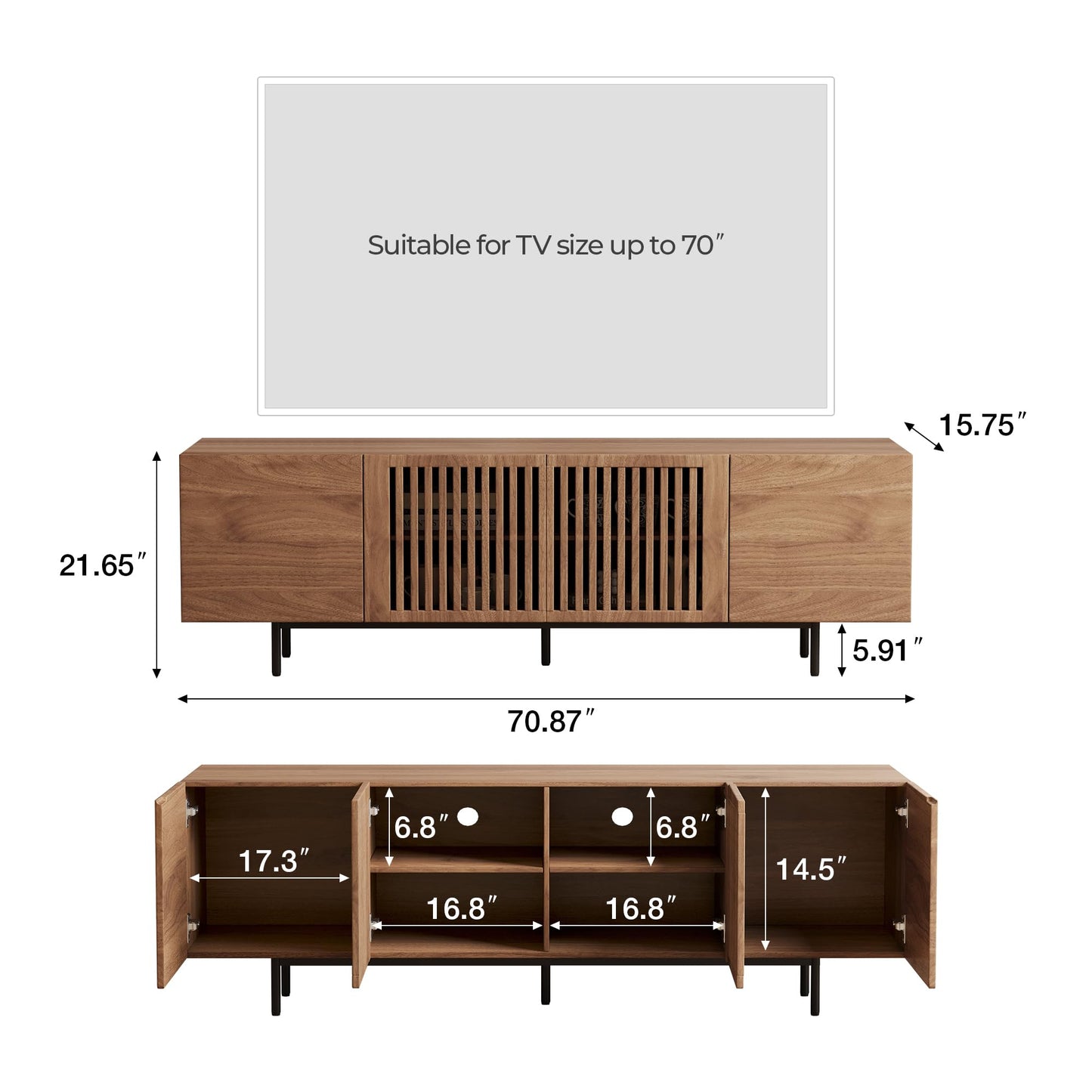 gaoyangjiaju 70.87" Mid Century Modern TV Stand, Walnut Media Console for 70 Inch TVs, Entertainment Cabinet with 4 Storage Compartments for Living Room or Bedroom