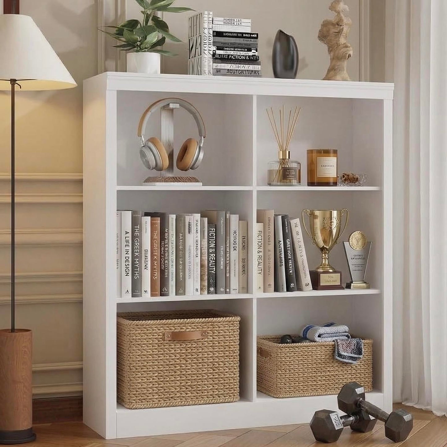 GarveeHome 6 Cube Storage Organizer, 53 Inch Tall Bookcase with Anti-Tip Design, Sturdy Wooden Bookshelf for Living Room, Bedroom, Home Office, White Cube Shelf in White