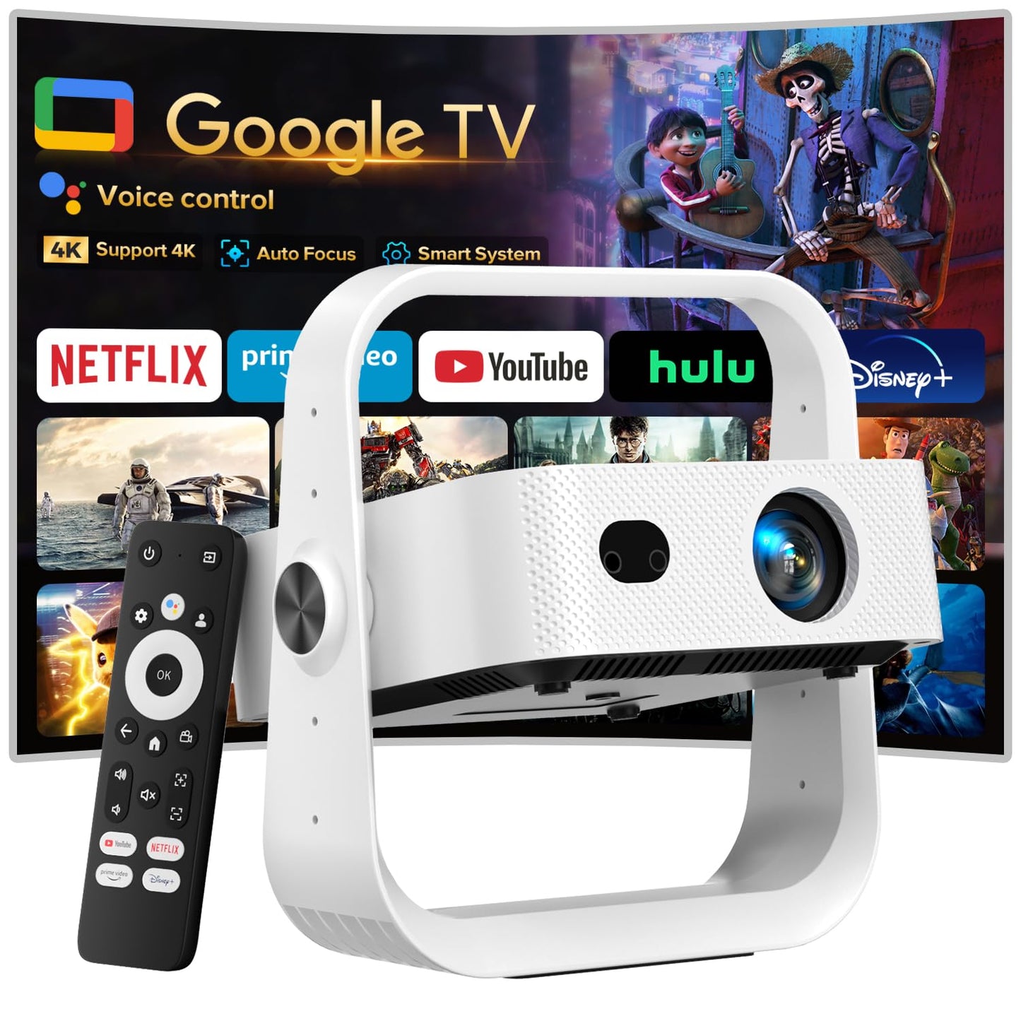[Official Licensed Google TV] Projector, Smart 4K&1080P Projector with WiFi and Bluetooth, Auto Focus & Keystone, Voice Control Movie Video Projector, Home Projector with 360° Rotating Stand