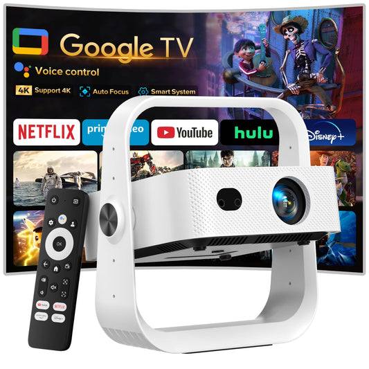 [Official Licensed Google TV] Projector, Smart 4K&1080P Projector with WiFi and Bluetooth, Auto Focus & Keystone, Voice Control Movie Video Projector, Home Projector with 360° Rotating Stand