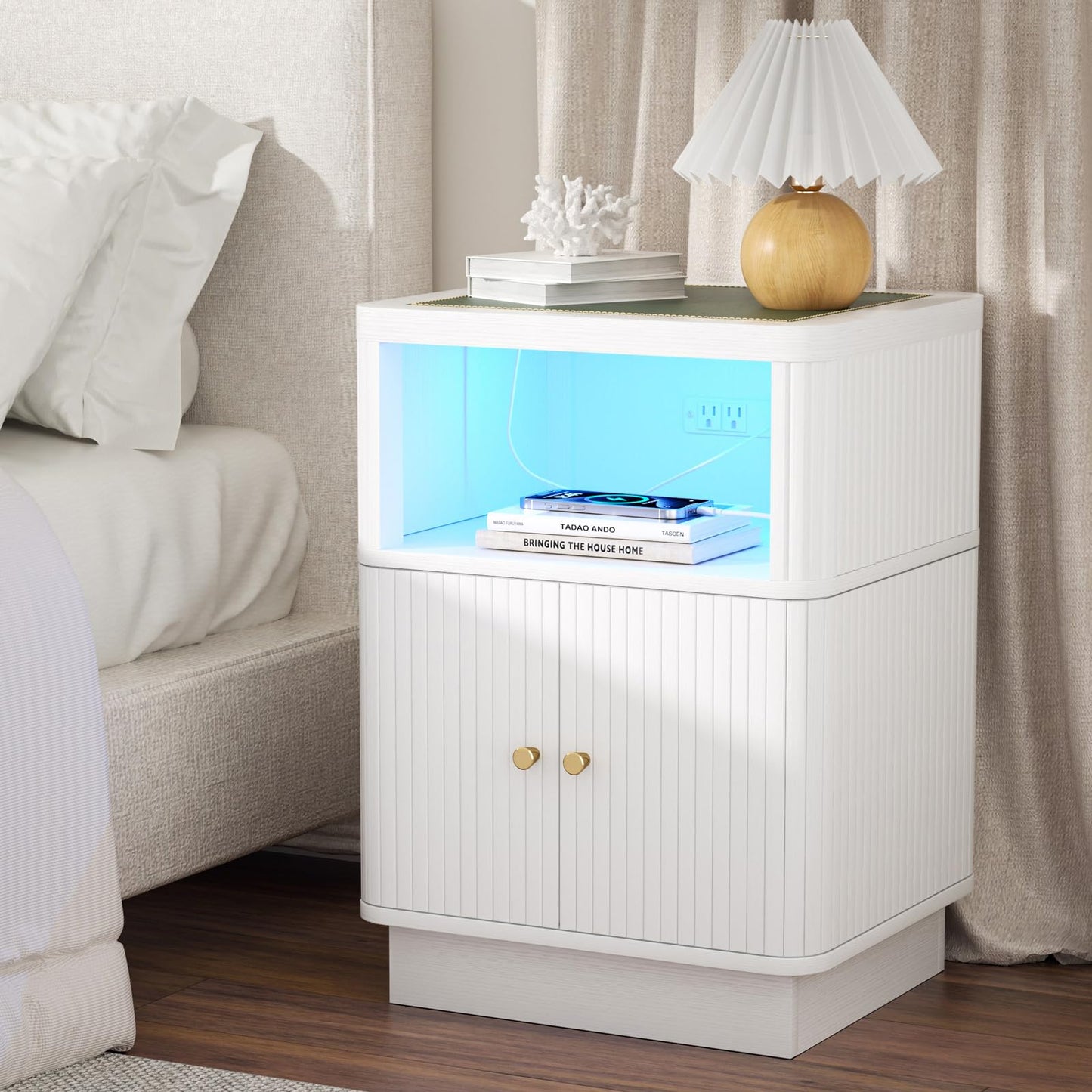 Night Stand with Charger Station, Modern Nightstand Set of 2 with Hidden Drawer, Saddle Leather Top, Smart LED, and Sliding Door Cabinet, for Bedroom, Living Room, Apartment, Dorm, Office, White