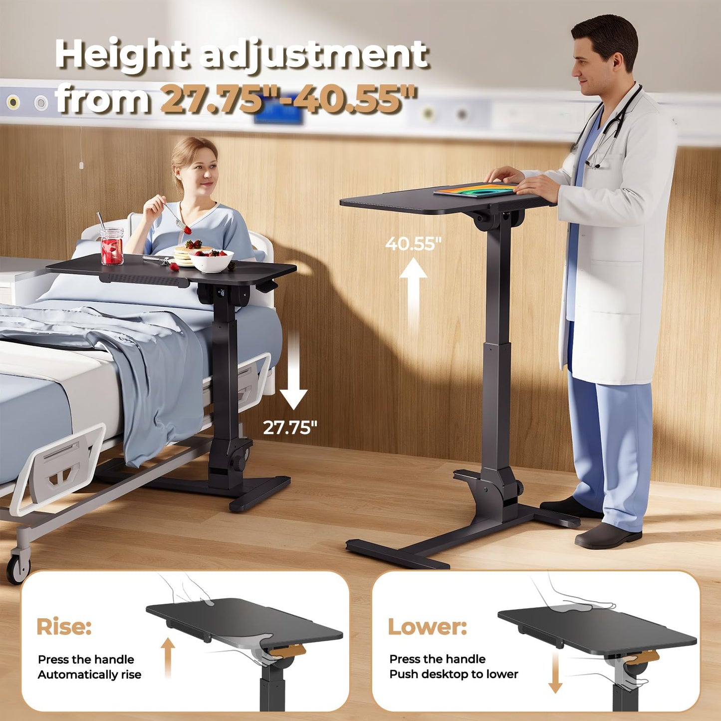 JOY worker Foldable Overbed Bedside Table, 180° Tiltable Mobile Standing Desk with Wheels, 31.5" Pneumatic Height Adjustable Rolling Laptop Desk for Home & Hospital Use, Easy Storage, Black