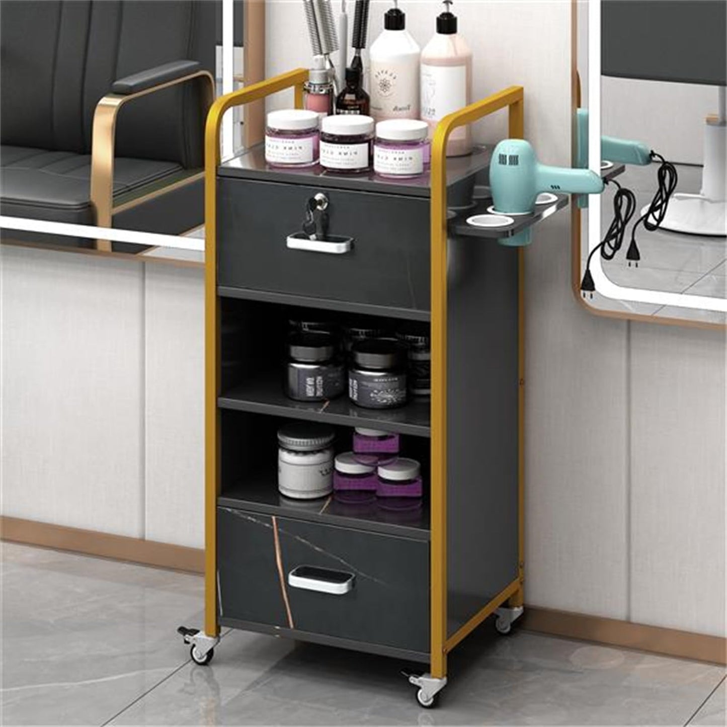 CUIYMXSC Salon Storage Cabinet, Versatile Salon Stations with Locking Drawers and 3 Hair Dryer Holder, Salon Storage Trolley Cart, Beauty Barber Salon Styling Station Organizer Equipment