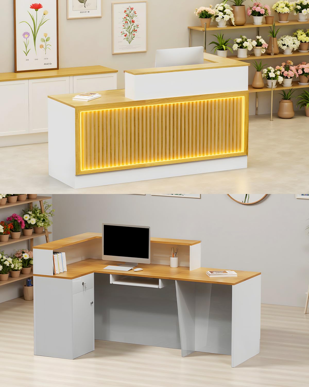 L-Shaped Reception Desk with Counter, 63" Solid Wood Modern Reception Counter with Lockable Drawers and Storage, Wood and White Front Desk for Checkout, Home Office, Beauty Salon (A-Lift, 63in)
