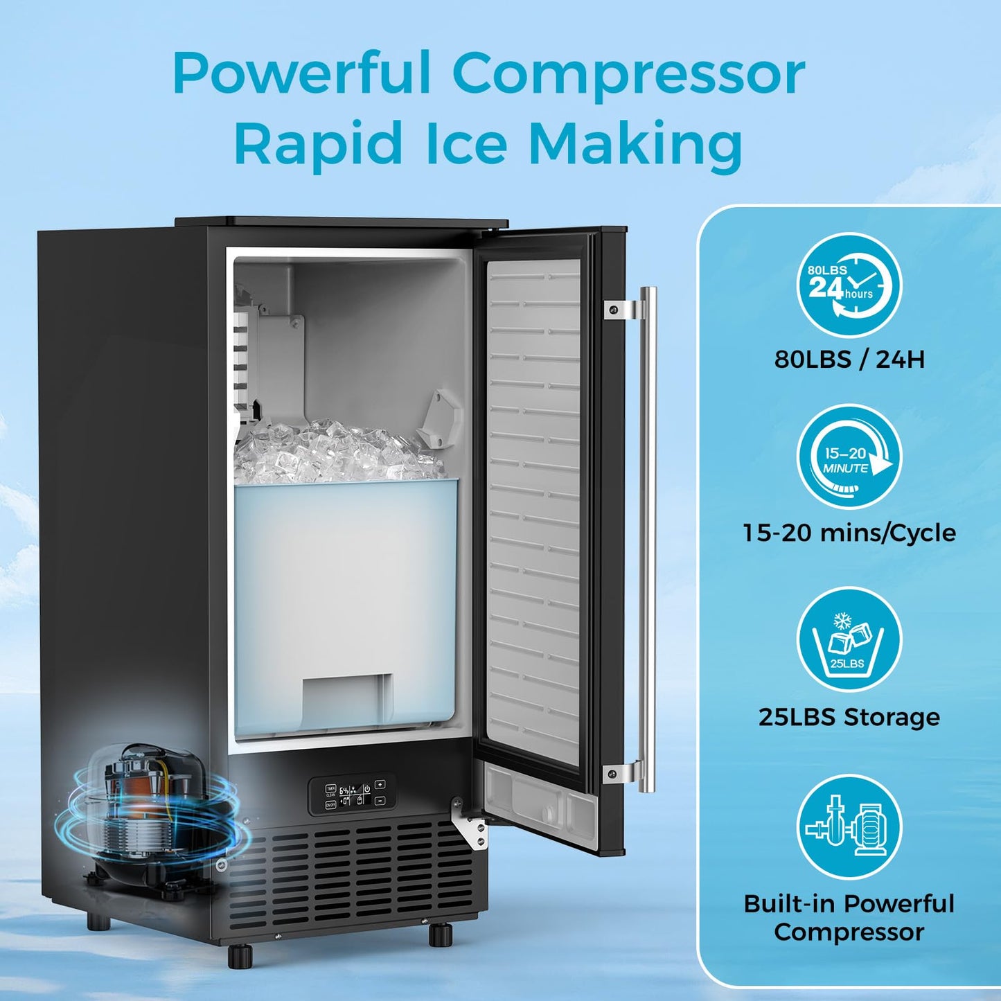 COWSAR Commercial Cube Ice Maker, Freestanding Ice Machine, 80lbs/24H, 40 Ice Cubes/Cycle, Reversible Door, 24H Timer & Self-Cleaning, Under Counter Ice Cube Machine for Bar/Cafe/Home