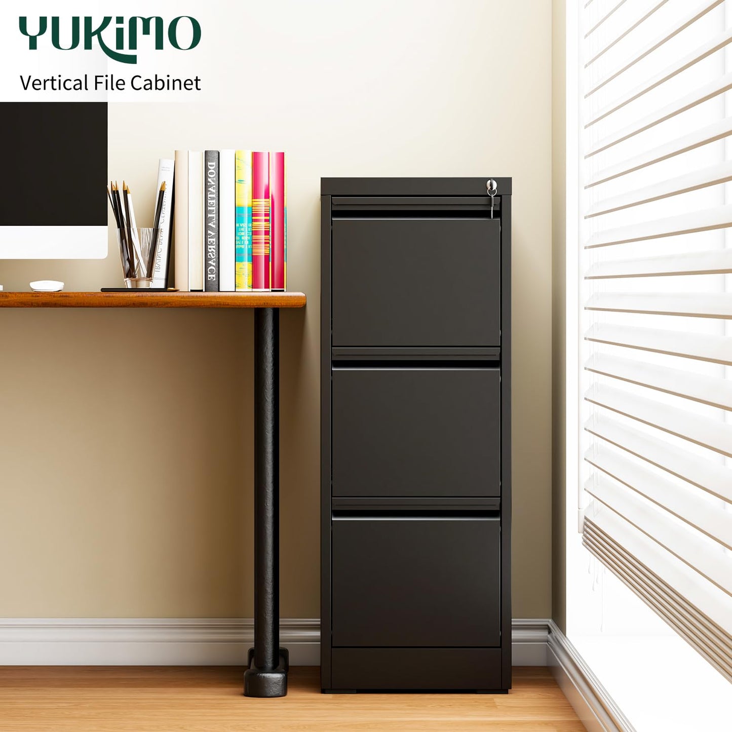 3 Drawer File Cabinet with Lock, Metal Vertical File Cabinets for Home Office, Office Furniture for Organization Hanging Legal/Letter/A4, Office File Cabinet Storage Cabinet, Require Assembly, Black