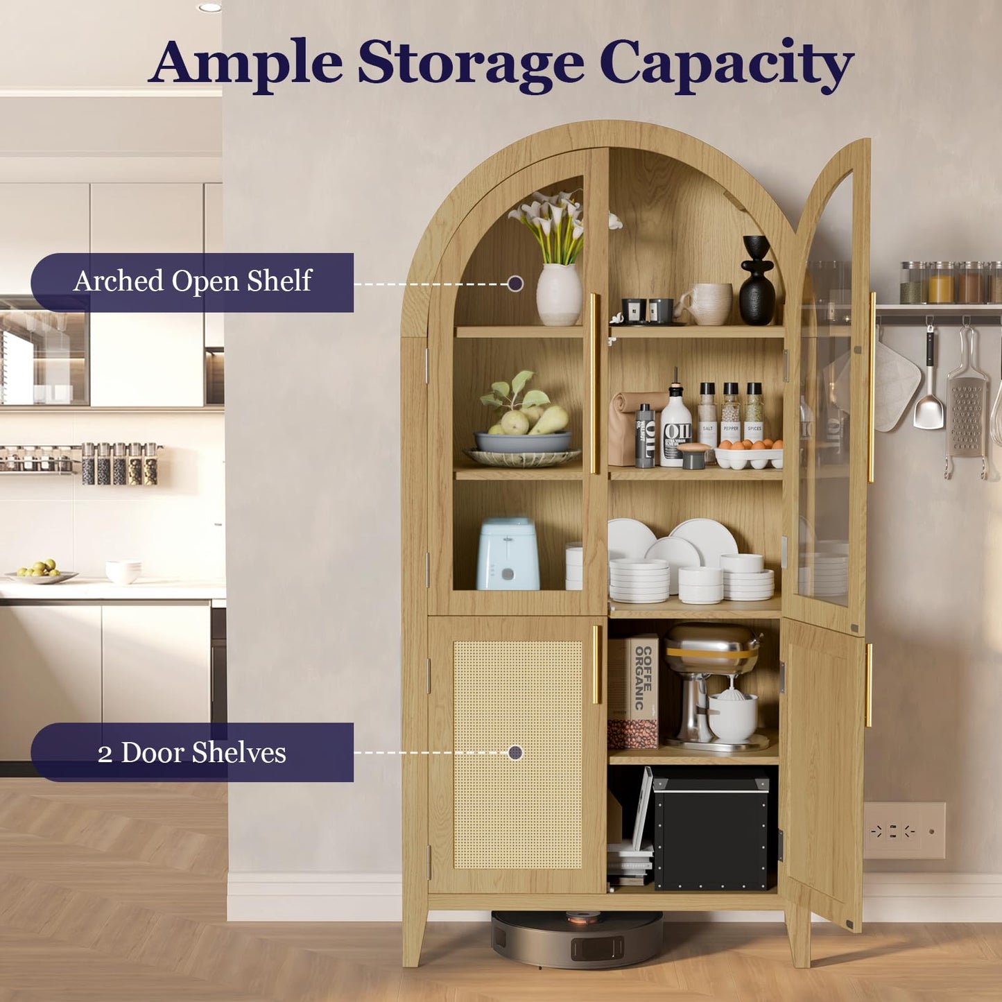 TRUNBACK 63" Tall Arched Cabinet with Glass Doors, Kitchen Pantry Storage Cabinet with Dust-Proof Rattan, 5-Tier Curio China Cabinet with Adjustable Shelves for Living Room Dining Room, Oak