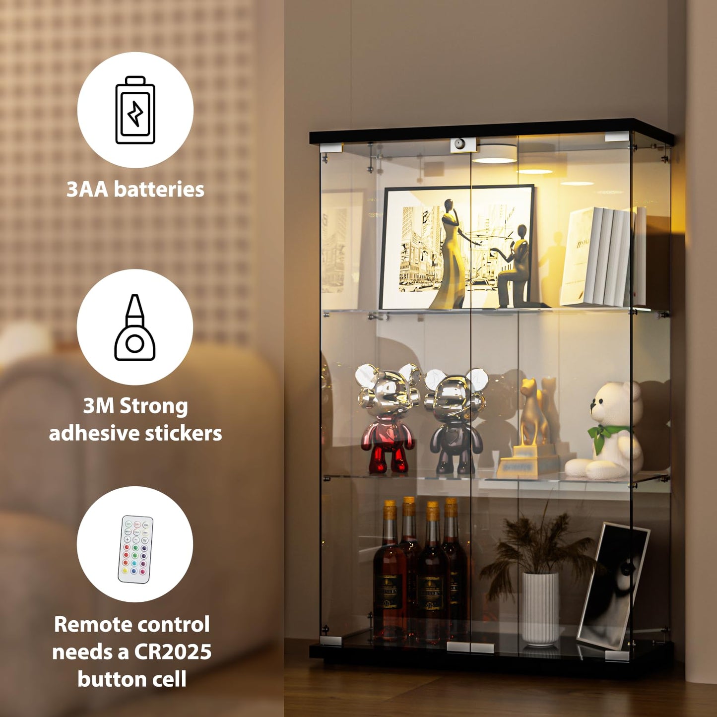 FANYUSHOW Tempered Glass Display Cabinet with LED Lights and Lock, Black, 2-Door 3-Shelf Curio Cabinet with Glass Shelves for Collectibles, Lego, Figures, Books and Wine