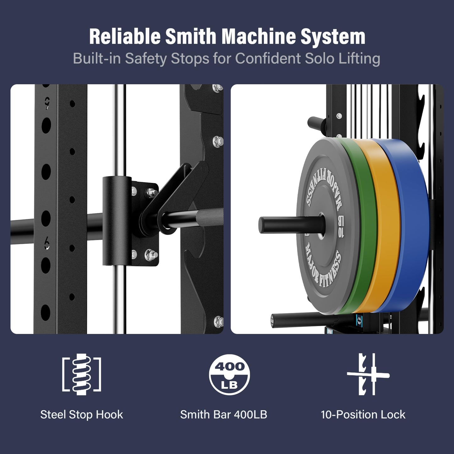 Major Fitness Drone2 Premium Smith△ Machine, All-in-One Home Gym Squat Rack with Aluminum Pulley Set, Weight Bar (BK D2AW Package(with Black Bench+230lb))