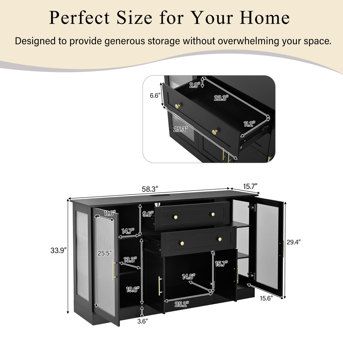 GDFStudio 51" Modern Storage Cabinet with Doors & Drawer, Large Buffet Sideboard Cabinet with Adjustable Shelves, Farmhouse Credenza Console Table Coffee Bar for Living Room Dining Room Kitchen, Black