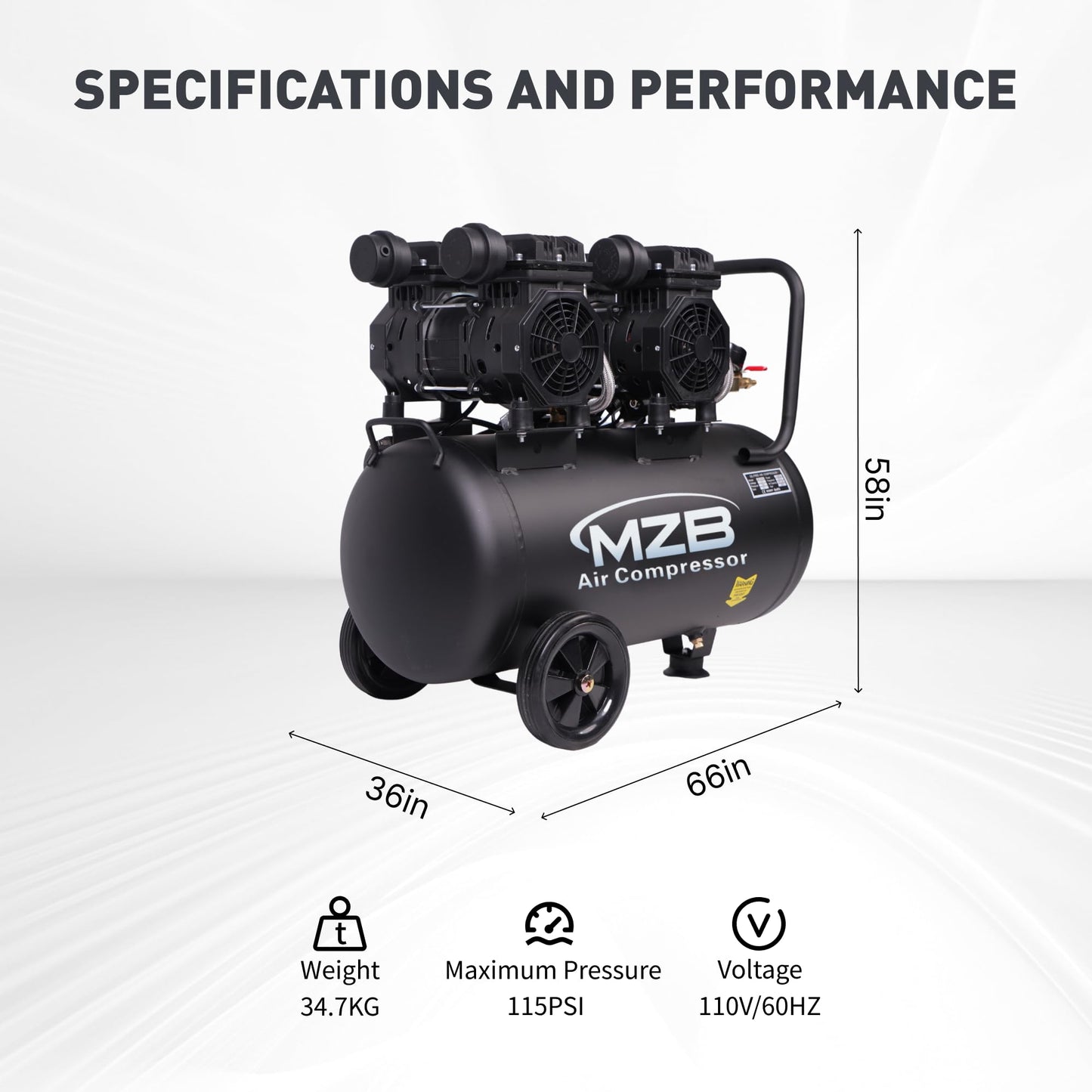 MZB 13.2 Gallon Ultra Quiet Air Compressor 115PSI Steel Tanks 70dB Noise Level Oil Free Air Compressor