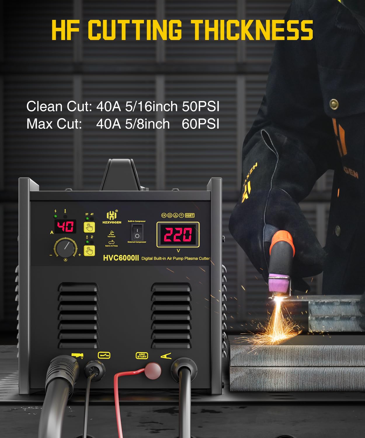 H HZXVOGEN Plasma Cutter with Built in Air Compressor, 50A Pilot Arc Plasma Cutter, 220V High Frequency Air Plasma Cutting Machine DC Inverter IGBT with 2T/4T, Capable External Compressor(HVC6000Pro)
