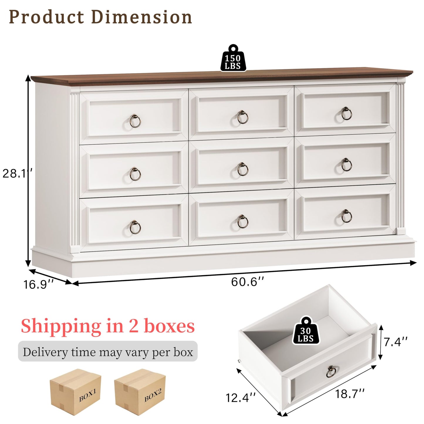HUAHUU Farmhouse 9 Drawer Dresser for Bedroom, 60" Wide Chest of Drawers with Roman Column, Wooden TV Stand with Antique Bronze Circle Handles, Storage Organizer for Living Room, Hallway, White